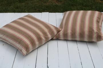 Pottery Barn feather filled throw pillows w/ faded brown & red ticking striped cotton covers 