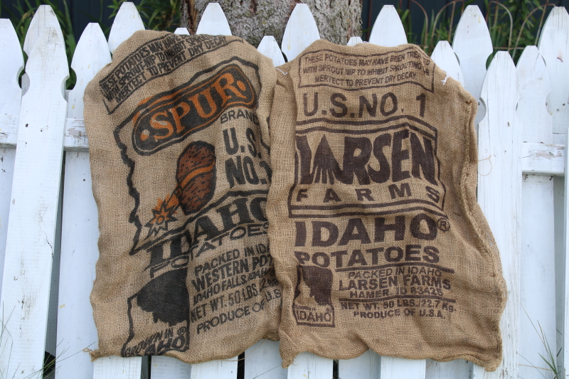 photo of Primitive vintage burlap bags, old Idaho potato sacks w/ retro graphics #1