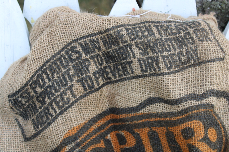 photo of Primitive vintage burlap bags, old Idaho potato sacks w/ retro graphics #2