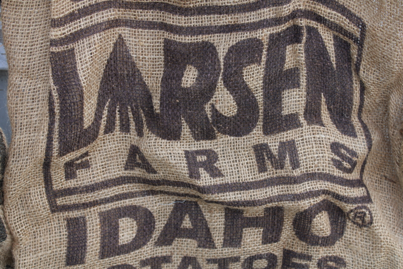 photo of Primitive vintage burlap bags, old Idaho potato sacks w/ retro graphics #3