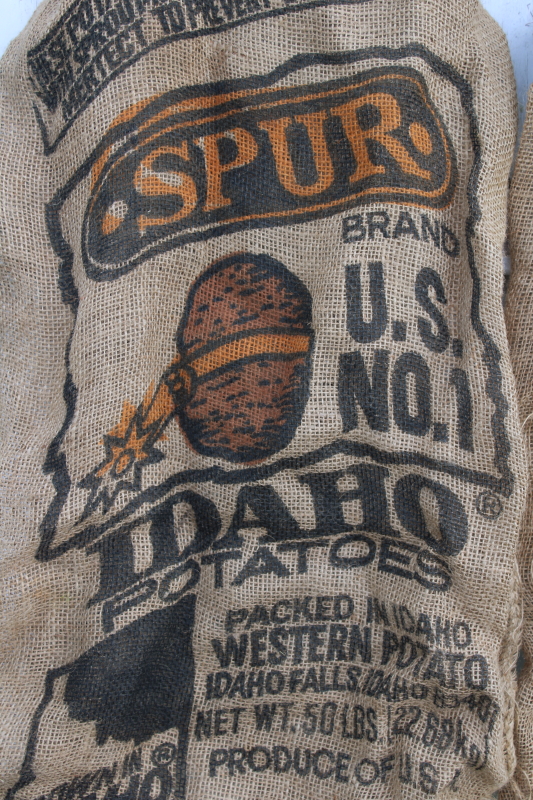 photo of Primitive vintage burlap bags, old Idaho potato sacks w/ retro graphics #4