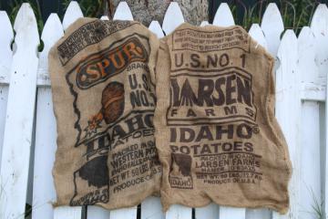 catalog photo of Primitive vintage burlap bags, old Idaho potato sacks w/ retro graphics