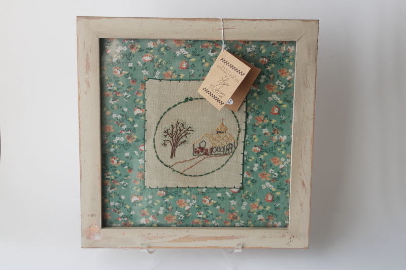 photo of Primitives by Kathy distressed wood picture frame hand stitched cottage on jade green calico  #1