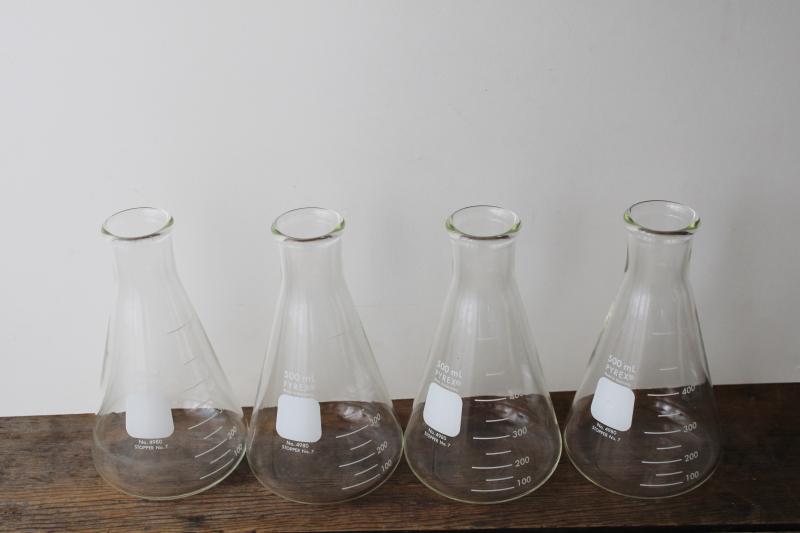 photo of Pyrex beakers, 500ml flasks set of four, vintage lab glass chemistry bottles #1