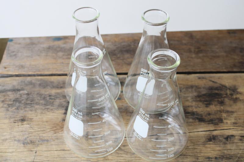 photo of Pyrex beakers, 500ml flasks set of four, vintage lab glass chemistry bottles #4