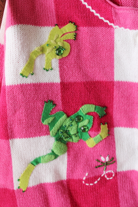 photo of Quacker Factory knit cardigan sweater size L, pink & white gingham embellished embroidered felt frogs  #3