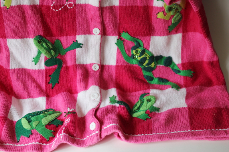 photo of Quacker Factory knit cardigan sweater size L, pink & white gingham embellished embroidered felt frogs  #4