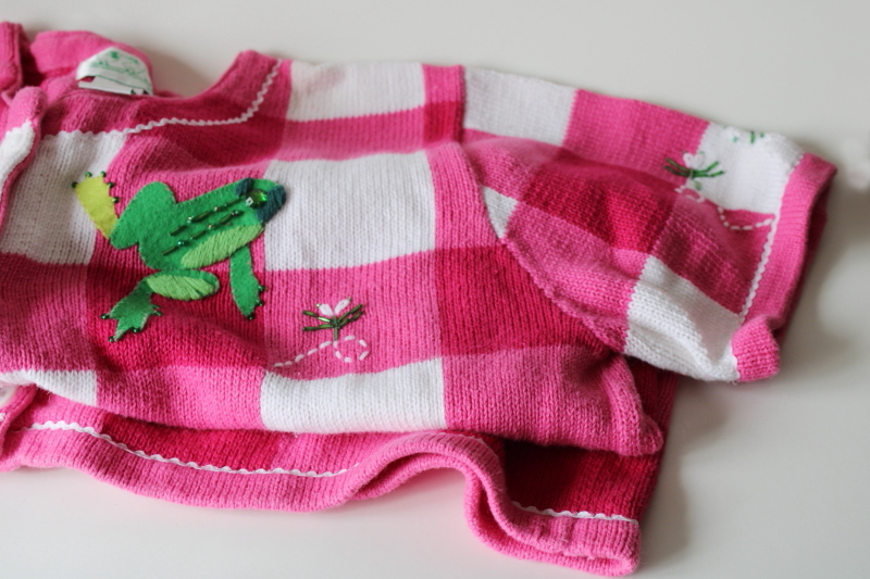 photo of Quacker Factory knit cardigan sweater size L, pink & white gingham embellished embroidered felt frogs  #5