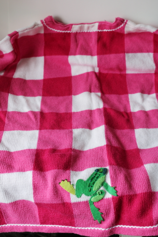 photo of Quacker Factory knit cardigan sweater size L, pink & white gingham embellished embroidered felt frogs  #6