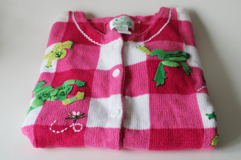 photo of Quacker Factory knit cardigan sweater size L, pink & white gingham embellished embroidered felt frogs  #7