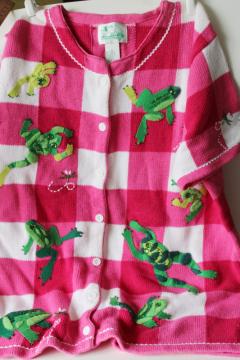 catalog photo of Quacker Factory knit cardigan sweater size L, pink & white gingham embellished embroidered felt frogs 