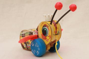 catalog photo of Queen Buzzy Bee 1960s vintage Fisher Price wood pull toy, cute display decor Queen Bee