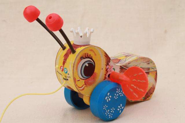 photo of Queen Buzzy Bee 1960s vintage Fisher Price wood pull toy, cute display decor Queen Bee #1