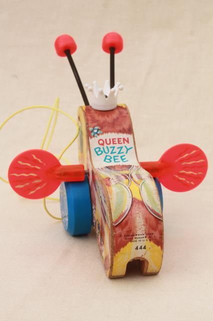 photo of Queen Buzzy Bee 1960s vintage Fisher Price wood pull toy, cute display decor Queen Bee #3