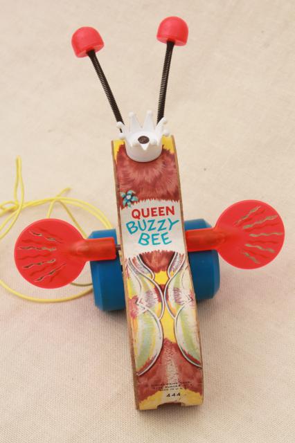 photo of Queen Buzzy Bee 1960s vintage Fisher Price wood pull toy, cute display decor Queen Bee #6