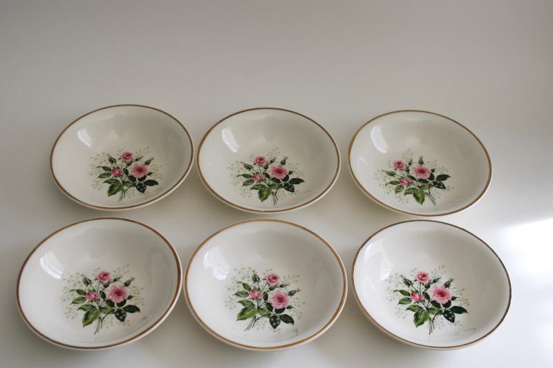 photo of Queenâ€™s Rose 1950s vintage china dessert dishes, set of 6 bowls pink roses & babyâ€™s breath #1