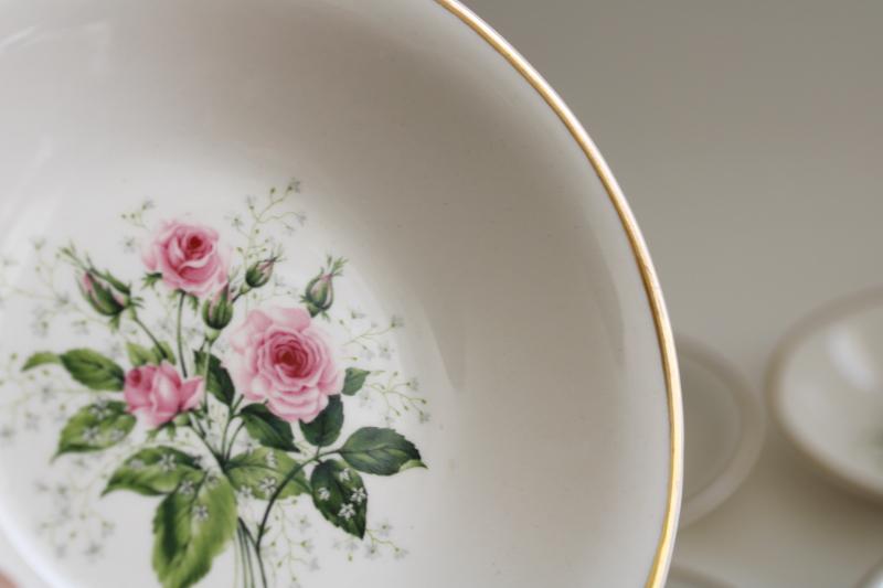 photo of Queenâ€™s Rose 1950s vintage china dessert dishes, set of 6 bowls pink roses & babyâ€™s breath #2