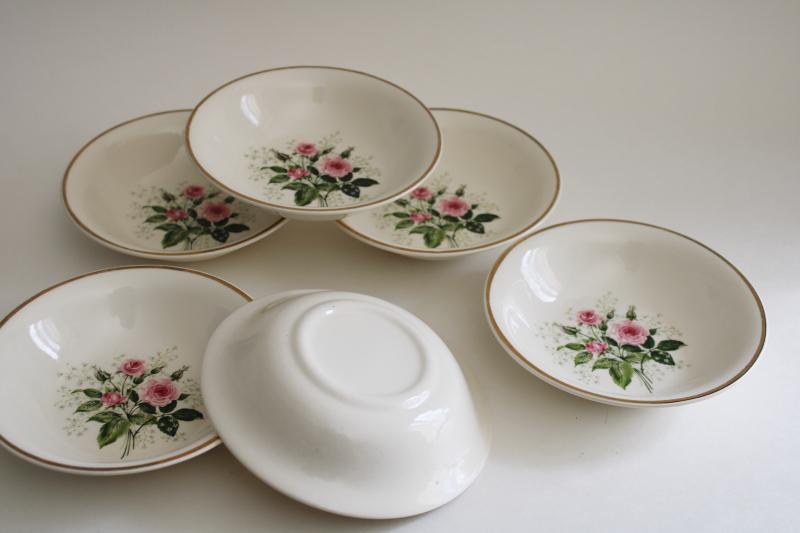 photo of Queenâ€™s Rose 1950s vintage china dessert dishes, set of 6 bowls pink roses & babyâ€™s breath #3