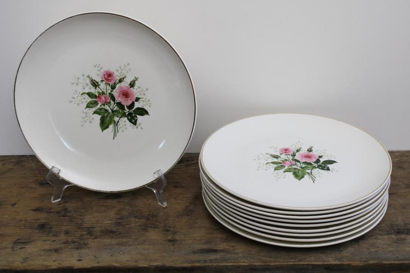 Queens Rose 1950s vintage china set of 10 dinner plates w pretty cottage chic floral