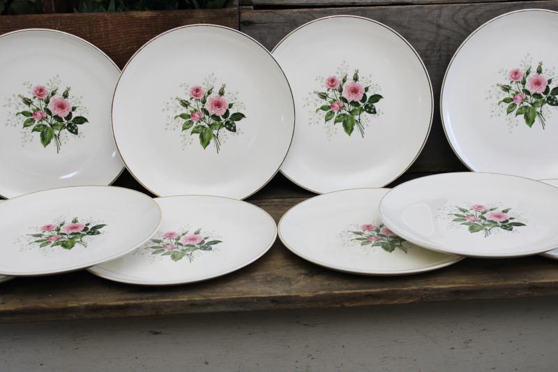 photo of Queen's Rose 1950s vintage china, set of 10 dinner plates w/ pretty cottage chic floral #5