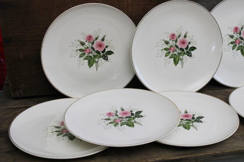 photo of Queen's Rose 1950s vintage china, set of 10 dinner plates w/ pretty cottage chic floral #6