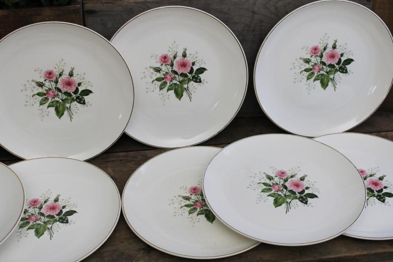 photo of Queen's Rose 1950s vintage china, set of 10 dinner plates w/ pretty cottage chic floral #7