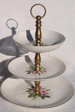 catalog photo of Queen's Rose vintage Royal china tiered plate cake stand, pink roses & baby's breath