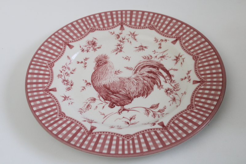 photo of Queen's Ware red rooster gingham plaid toile transferware china dinner plate  #2