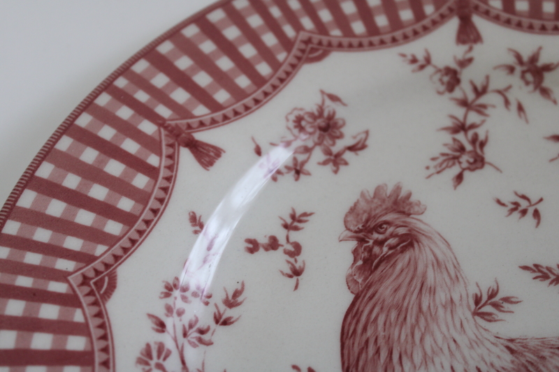 photo of Queen's Ware red rooster gingham plaid toile transferware china dinner plate  #3