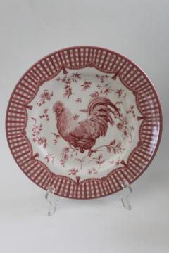 Queen's Ware red rooster gingham plaid toile transferware china dinner plate 