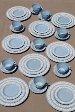 catalog photo of Queen's ware Wedgwood china lavender blue w/ cream embossed grapes complete set for 8