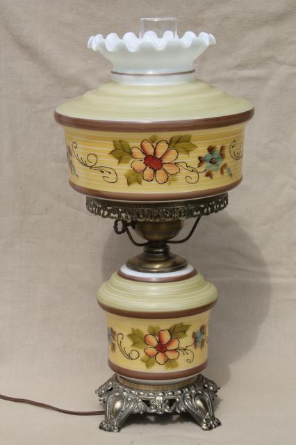 photo of Quoizel vintage hurricane chimney lamp w/ painted milk glass shade & lighted lamp base #1