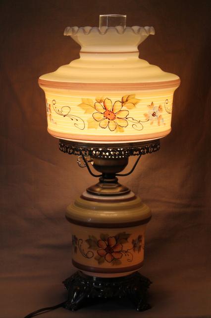 photo of Quoizel vintage hurricane chimney lamp w/ painted milk glass shade & lighted lamp base #3