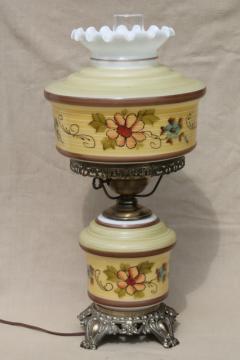 catalog photo of Quoizel vintage hurricane chimney lamp w/ painted milk glass shade & lighted lamp base