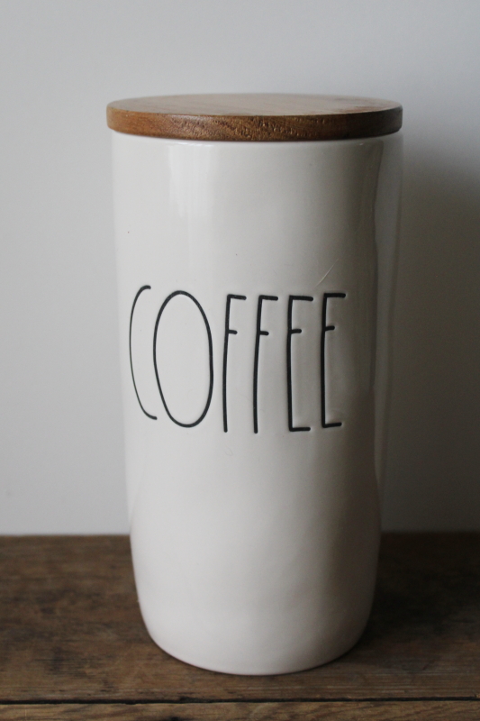 photo of Rae Dunn COFFEE ceramic canister w/ wood lid, modern farmhouse kitchen storage  #1