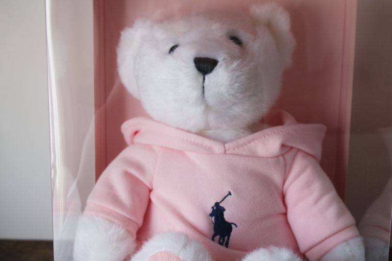 photo of Ralph Lauren Romance teddy bear in box, Polo logo pink hoodie sweater  #2
