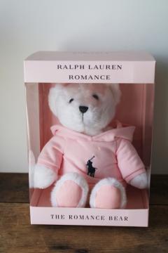 catalog photo of Ralph Lauren Romance teddy bear in box, Polo logo pink hoodie sweater 
