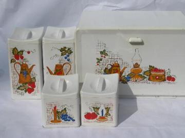 catalog photo of Ransberg metal kitchenware, kitchen canisters / breadbox set, 1950s vintage