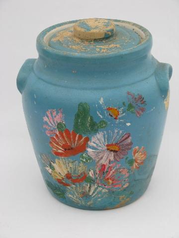 photo of Ransburg hand painted flowers stoneware cookie jar crock #1