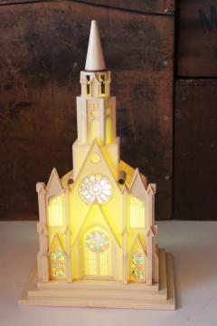 catalog photo of Raylite vintage lighted plastic church for Christmas village or putz, working music box Ave Maria 