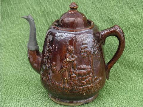 photo of Rebecca at the Well coffee & tea pot 1840s antique yellow ware pottery #2