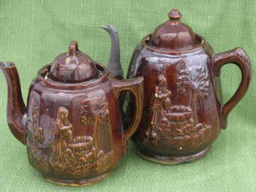catalog photo of Rebecca at the Well coffee & tea pot 1840s antique yellow ware pottery