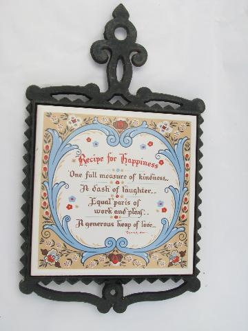 photo of Recipe for Happiness vintage tile / cast iron kitchen trivet, Berggren #1