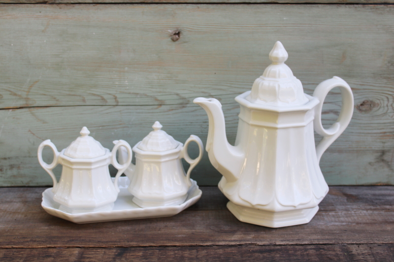 photo of Red Cliff all white ironstone china, vintage tea set, pot, cream & sugar w/ tray #1