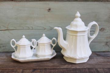 catalog photo of Red Cliff all white ironstone china, vintage tea set, pot, cream & sugar w/ tray 