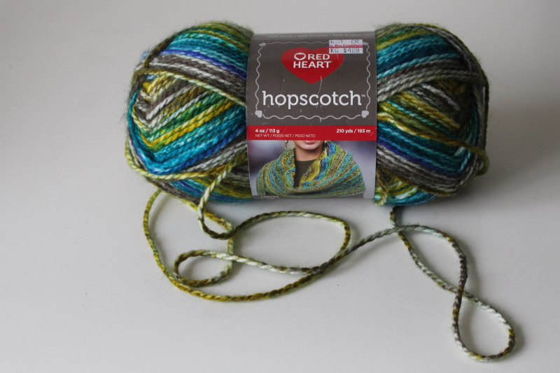 photo of Red Heart Hopscotch yarn Kickball colorway varigated blue aqua olive yellow greens w/ grey  #1