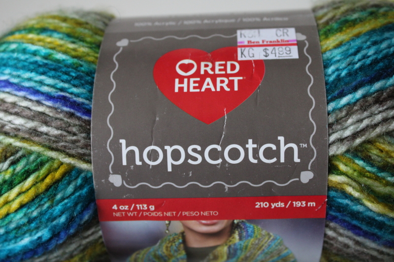 photo of Red Heart Hopscotch yarn Kickball colorway varigated blue aqua olive yellow greens w/ grey  #2