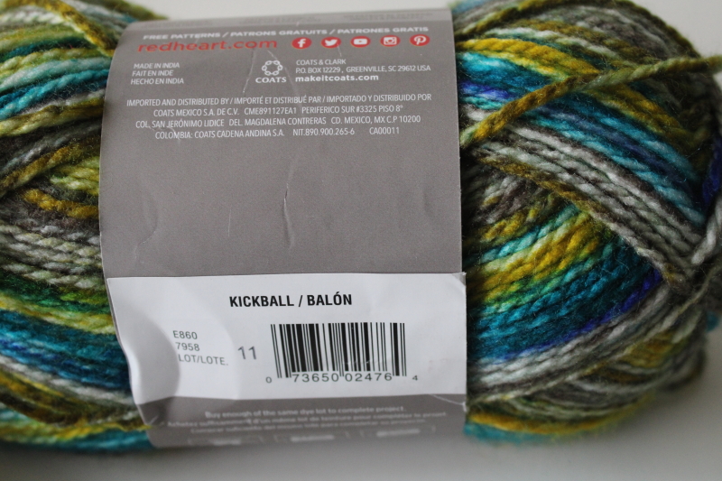 photo of Red Heart Hopscotch yarn Kickball colorway varigated blue aqua olive yellow greens w/ grey  #3