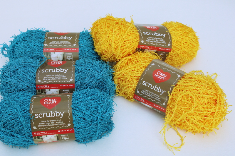 photo of Red Heart Scrubby textured yarn lot, duckie rubber ducky yellow & ocean aqua blue #1