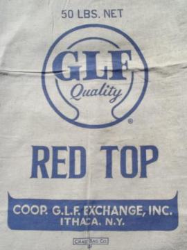 catalog photo of Red Top vintage clover seed cotton grain bag, old farm primitive graphics